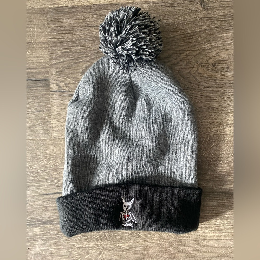 Cute Black + Gray Poof Beanie with Spooky Bunny Embroidered